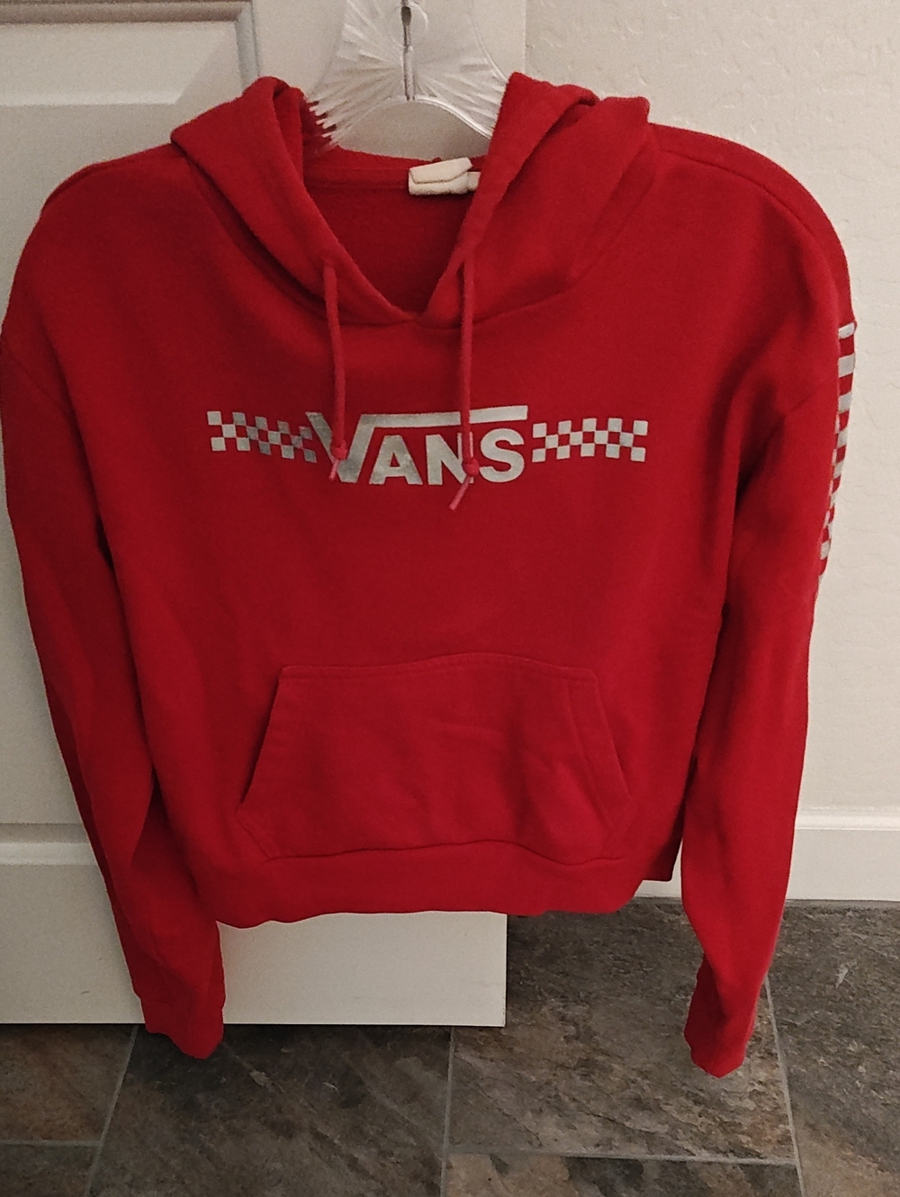 Vans Red Checker Crewneck Hoodie - Woman's Streetwear Slightly Cropped Pullover